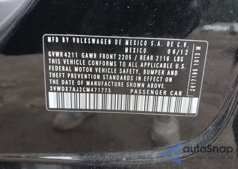 2012 Volkswagen Jetta 2.5L Se из США, поврежденный, VIN 3VWDX7AJ2CM471773